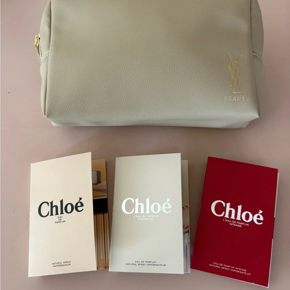 Yves Saint Laurent Beaute Cream Cosmetic Pouch with 3 Chloe Perfume samples